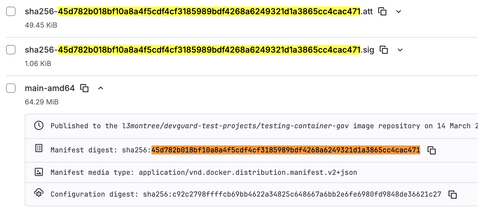 Screenshot der Container Registry, zeigt ein Image und die Verbindung über die SHA256 Pürfsumme zu den Attestierungen und Signaturen